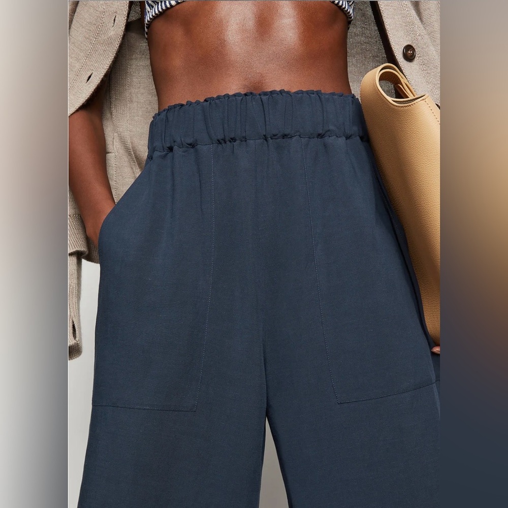 G. Label by Goop Seaside Wide Leg Viscose Linen Navy Office Wedding Resort Pant - Picture 7 of 16